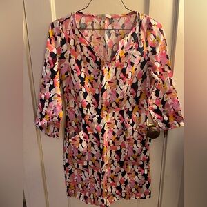 Boden Pink and Yellow Bird Print 100% Linen Long Sleeve Kelsey Dress 4R